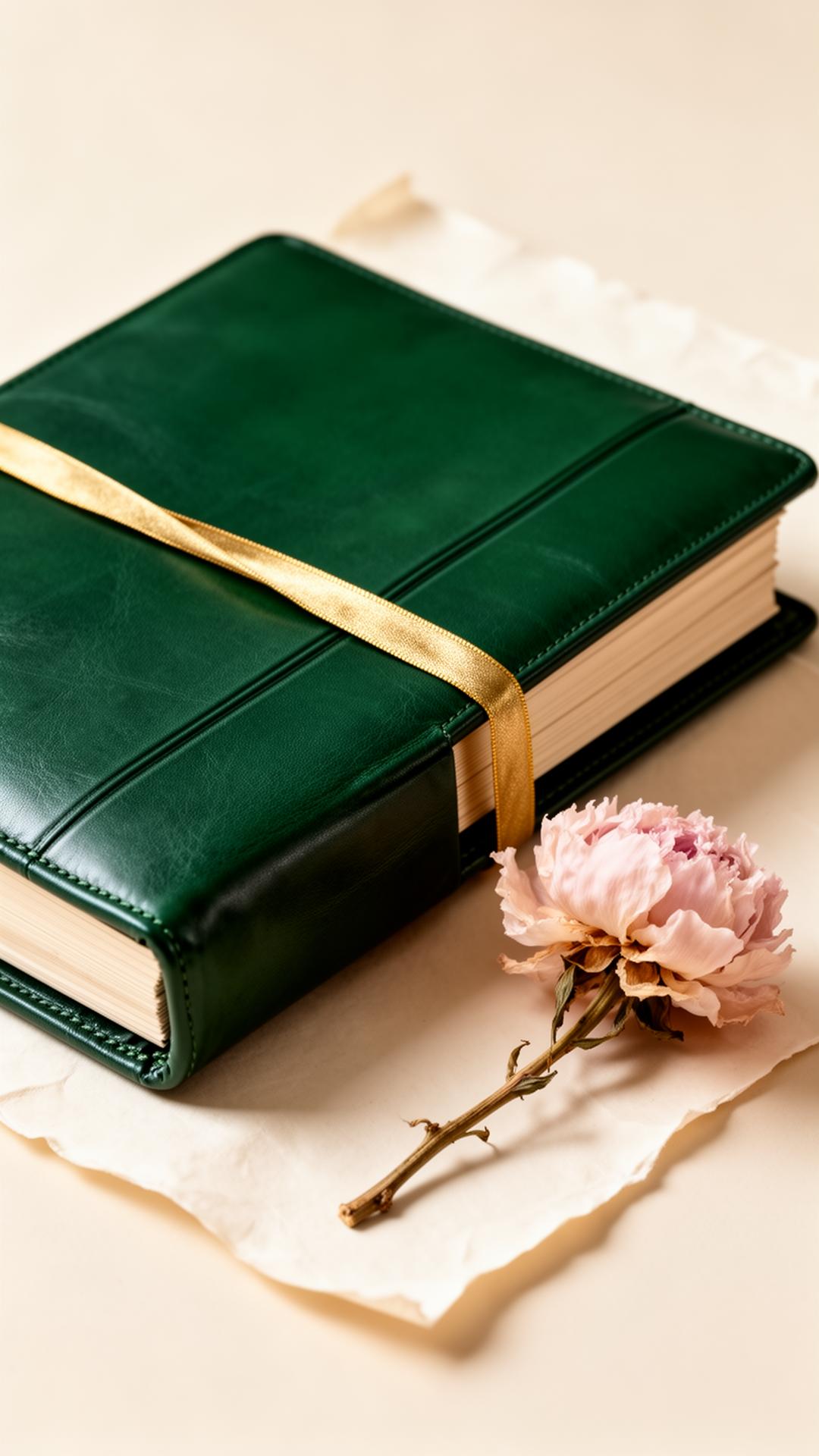 Emerald green legal portfolio bound with a gold ribbon resting on ivory paper