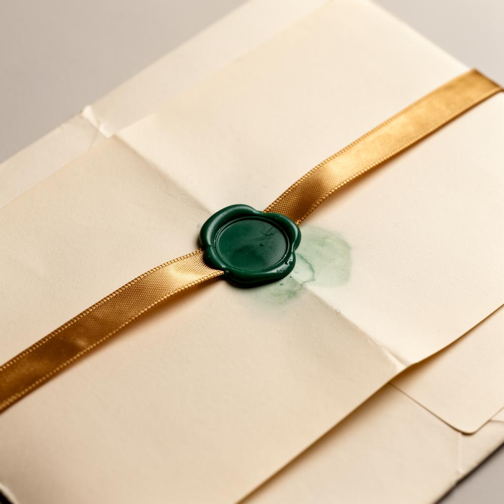Ivory document sealed with a gold ribbon and emerald wax seal
